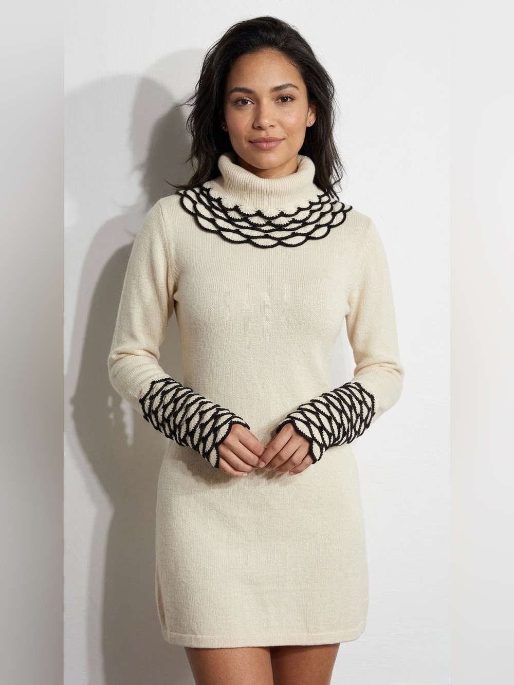 Temperley London Cream Turtleneck silk cashmere Sweater Dress with Black Scallop